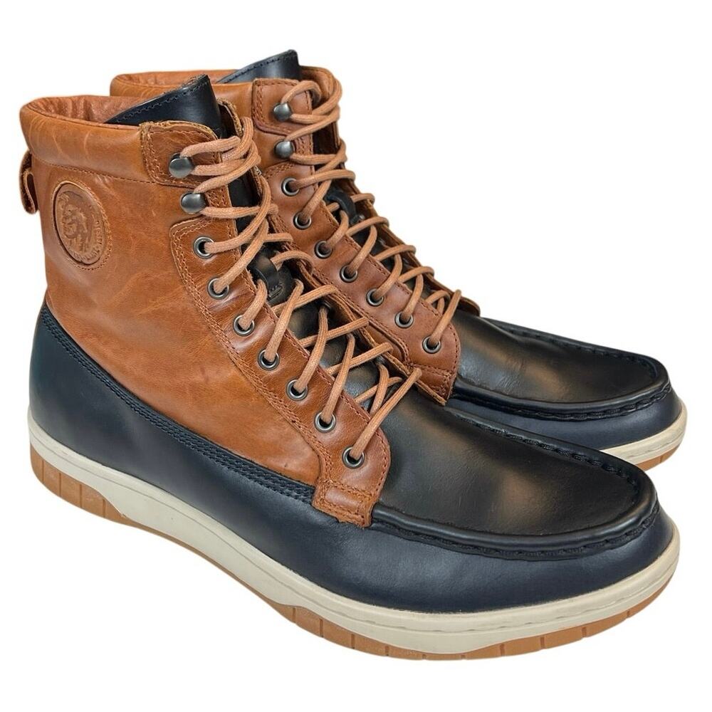 Diesel Tatradium Club Tatra Leather Boots Mens 12 Brown Navy Blue Moc Toe Y00839